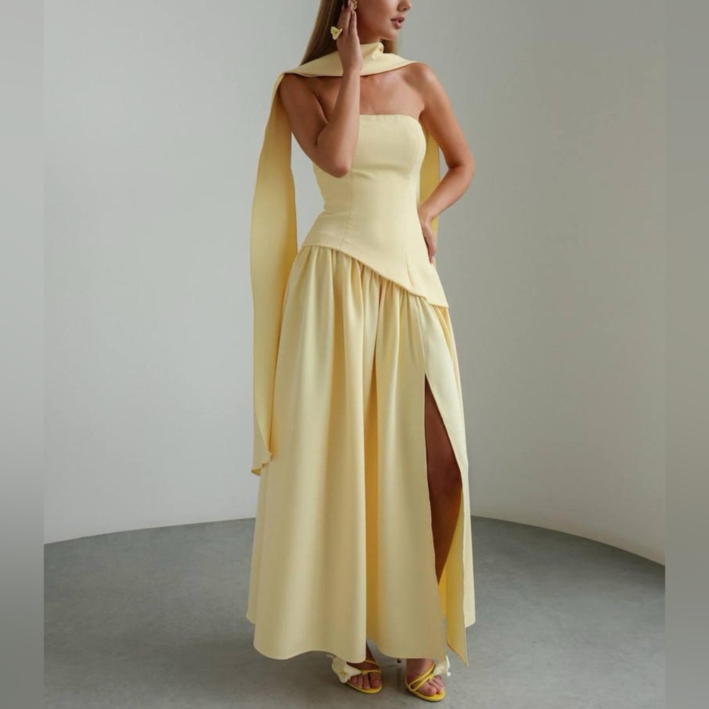 Women’s Strapless Asymmetrical Hem Yellow Evening Gown